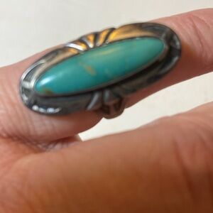 925 Sterling Silver “Bell Trading Post” Long Turquoise Ring - Size 5 VTG